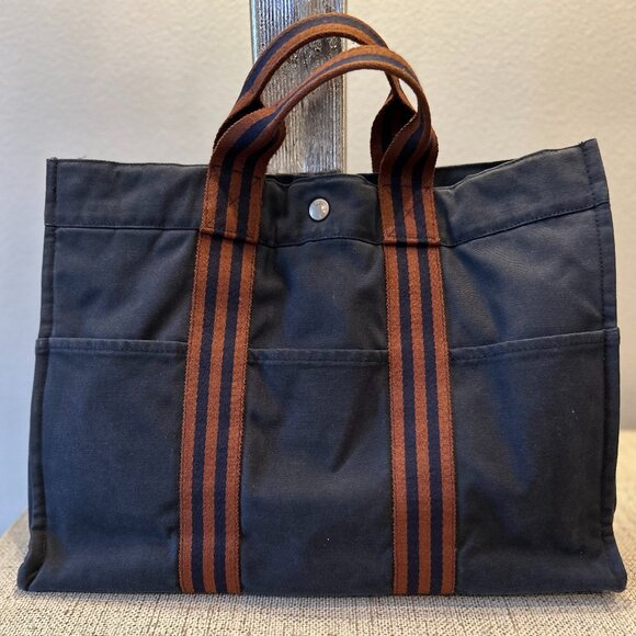 Hermes Foule MM Navy/Black Canvas Tote Bag - Picture 1 of 4